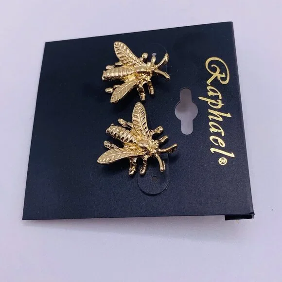 Raphael Gold Tone Bee Earrings Insect Studs Nature Bug Costume Jewelry Gift NWT - Picture 2 of 4